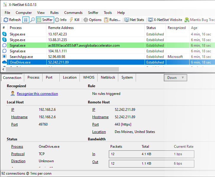 X-NetStat 6 main window showing live network connections